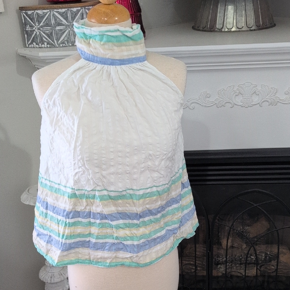 THML Halter Neck Blouse - White with Blue and Green Stripes